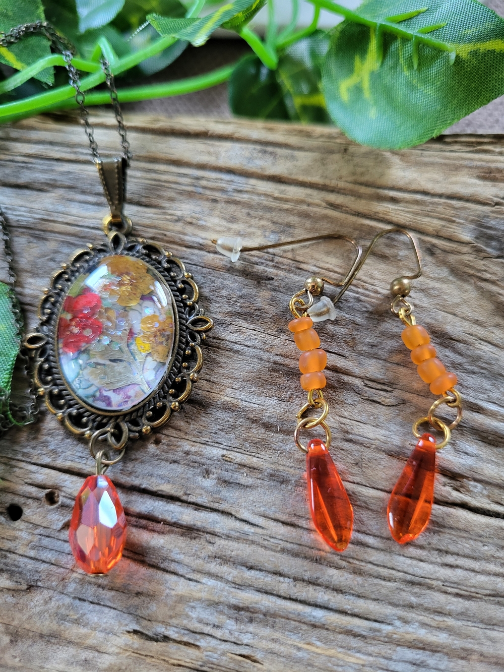 Handcrafted Floral Necklace and Orange Teardrop Earrings